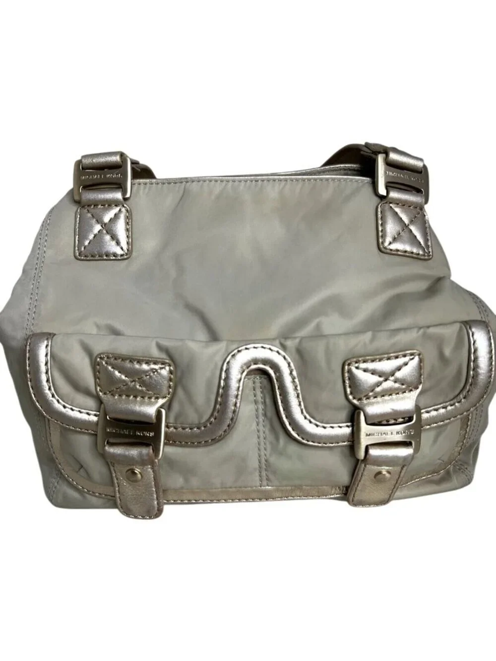 Michael Kors Metallic Beige/Silver Nylon Shoulder Bag With Buckle Detail